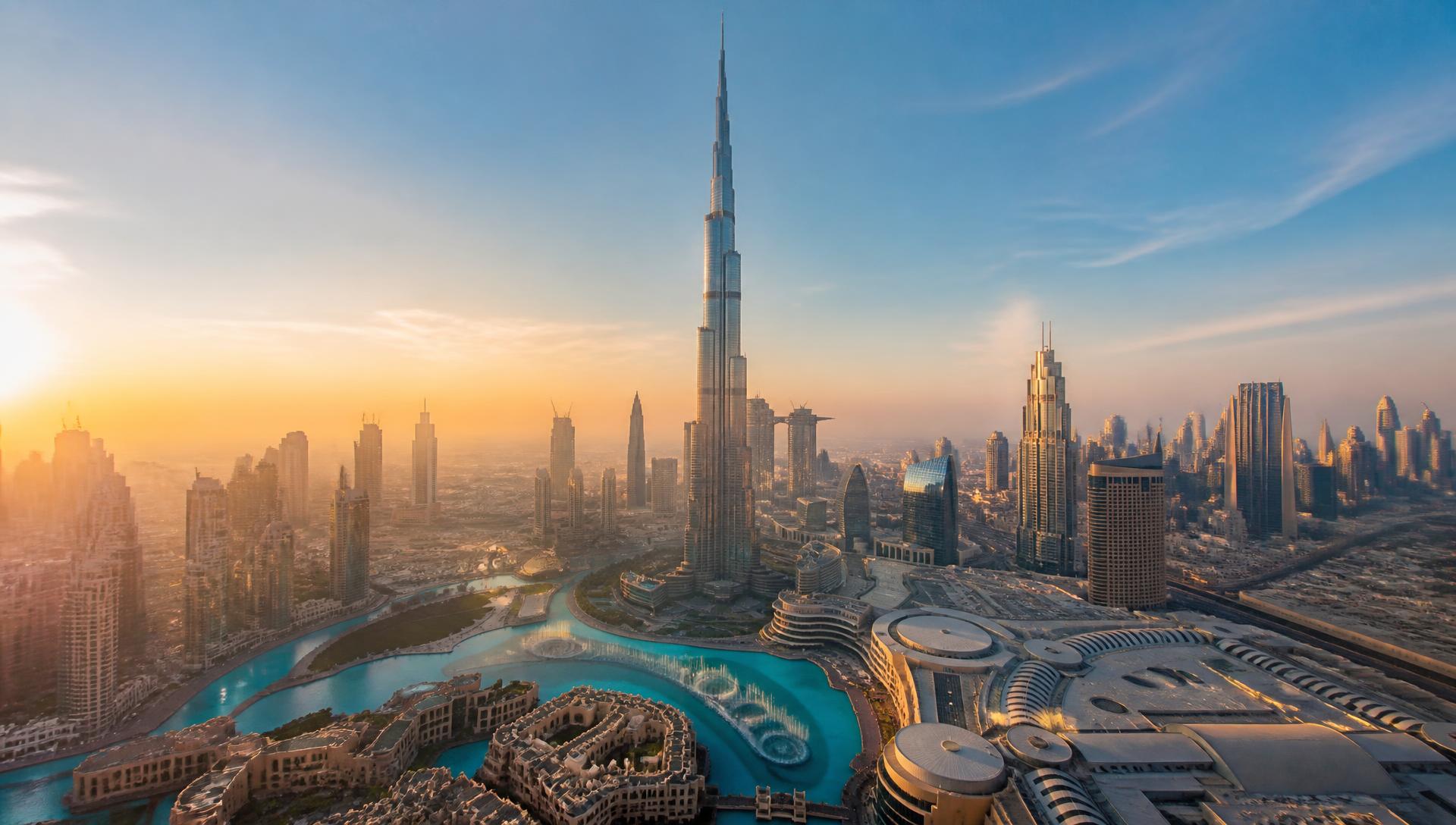 Dubai skyline at golden hour with the Burj Khalifa