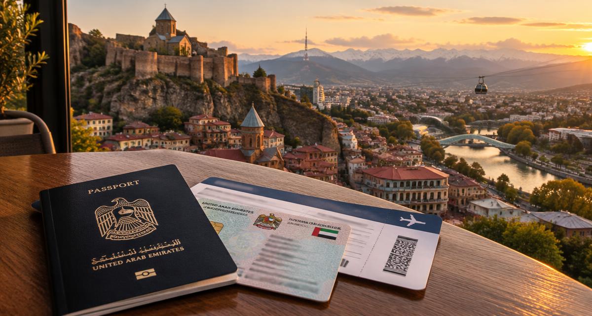 Passport, UAE residence card and boarding pass with Tbilisi old town and mountains in the background