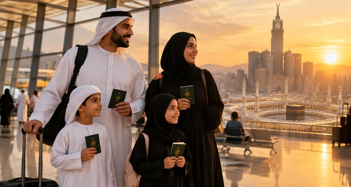 UAE resident family holding passports at an airport with the Makkah skyline at sunset, ready for Umrah on a Saudi eVisa