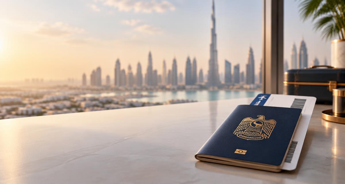 UAE passport and boarding pass with the Dubai skyline behind