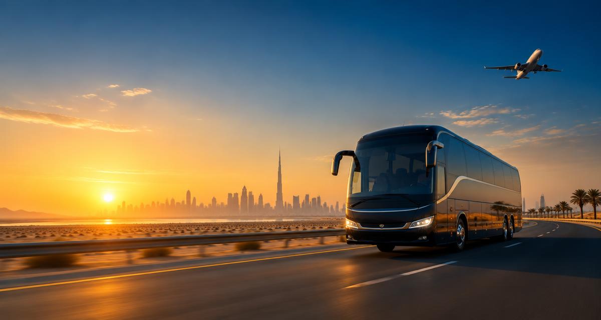 Luxury coach on a UAE desert highway at sunset with a plane overhead